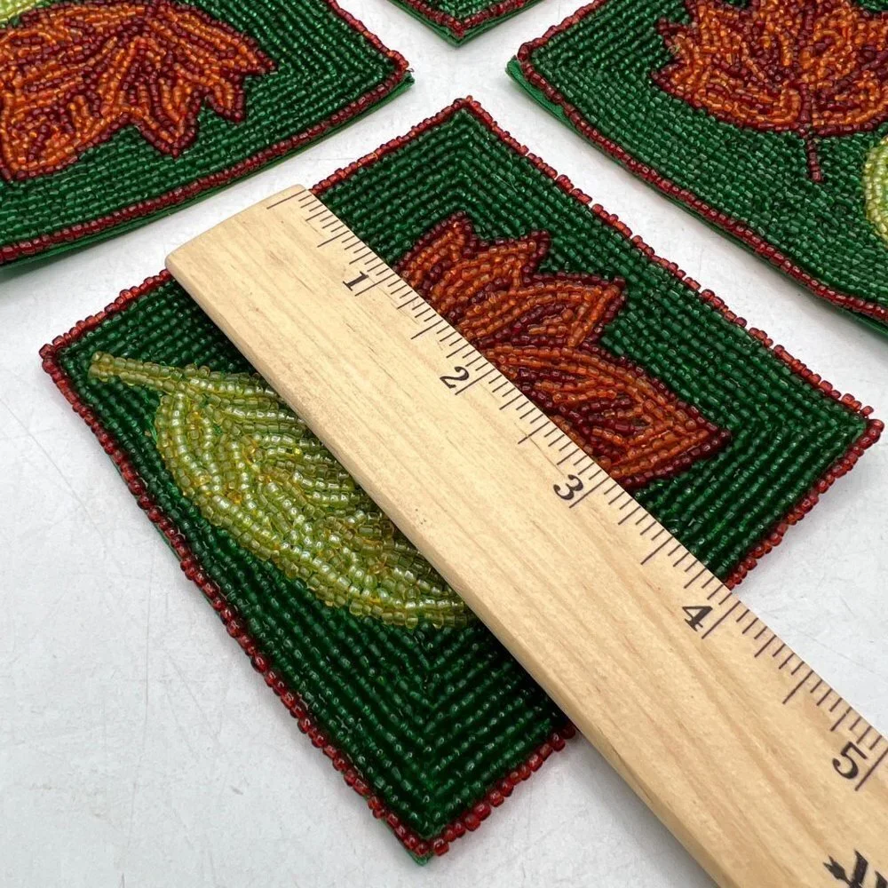 Set of Four Glass Beaded Coasters Fall Leaves Leaf Green Rust Colored
